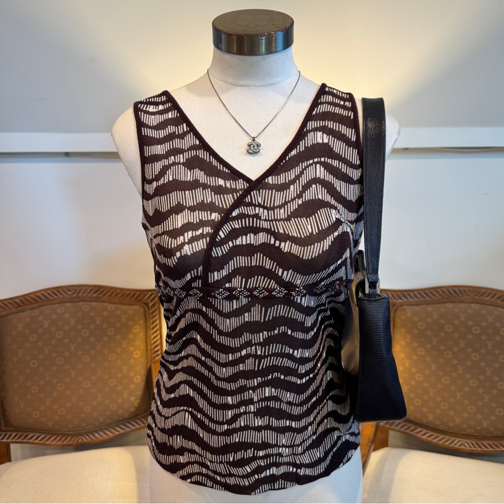 Vintage Y2K Brown & White Mesh Top w Rhinestone Details Geometric Print Boho S